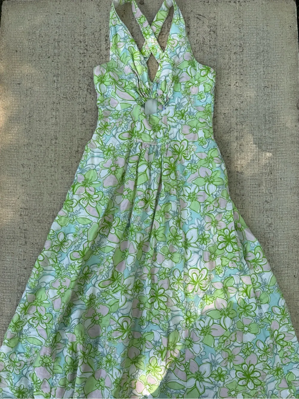 C/MEO Far Away Drop Waist Light Green Floral Midi Dress with Cutout Size Medium - Picture 5 of 8